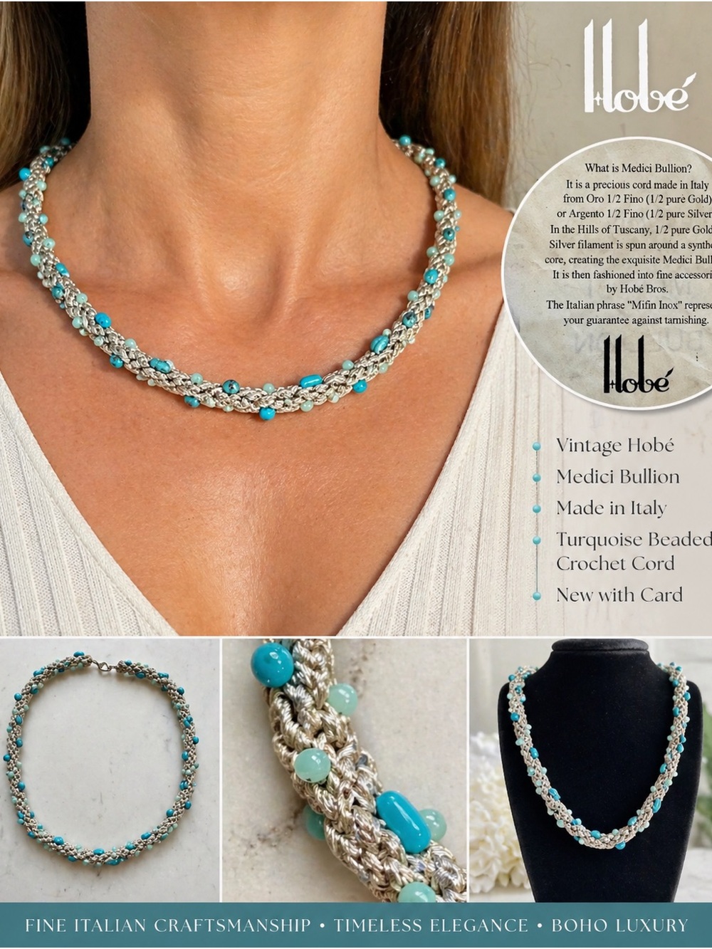 Vintage Hobé Medici Bullion necklace - Turquoise Beaded Crochet Cord - Italy